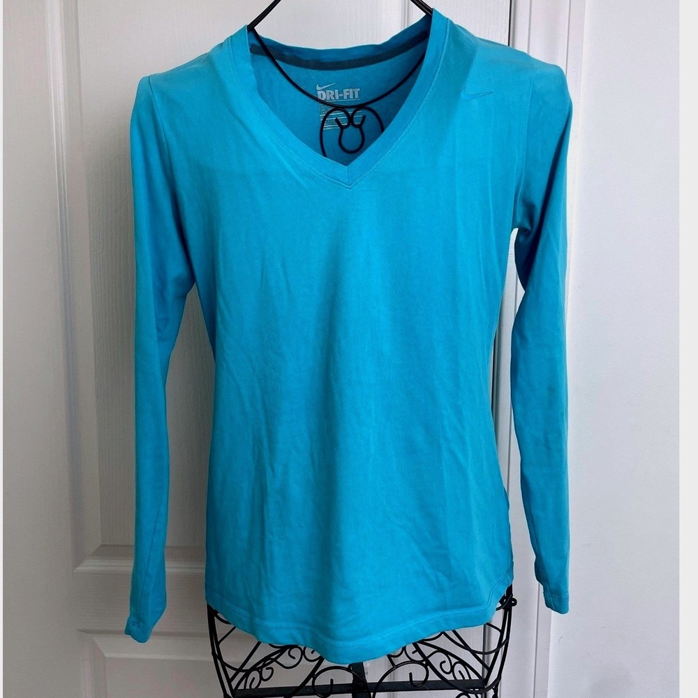 Nike Womens Dri-FIT Long‎ Sleeve V-Neck T-Shirt Turquoise Blue Slim Fit Medium